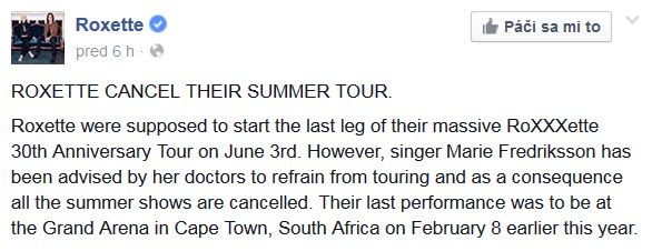 Oznámenie o zrušení turné Roxette