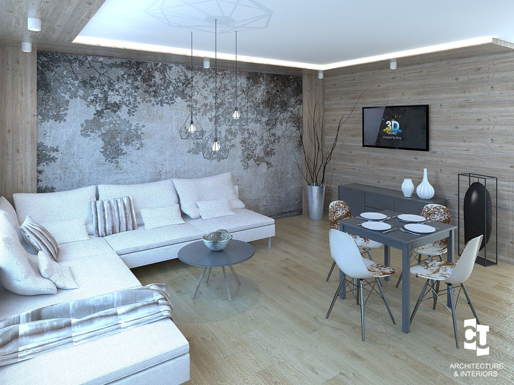Základnou požiadavkou investorov bolo vytvoriť moderný luxusný interiér v „chalet štýle“, s použitím dreva a prírodných farieb.