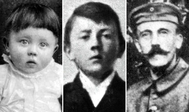 O jeho detstve a mladosti toho vieme málo. Adolf Hitler zľava ako batoľa, školák (12 rokov) a mladý slobodník (29 rokov).