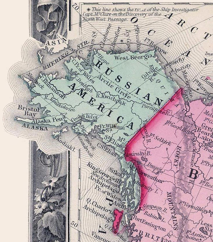 Územie Aljašky, v tom čase ešte Ruskej Ameriky, na mape z roku 1860.