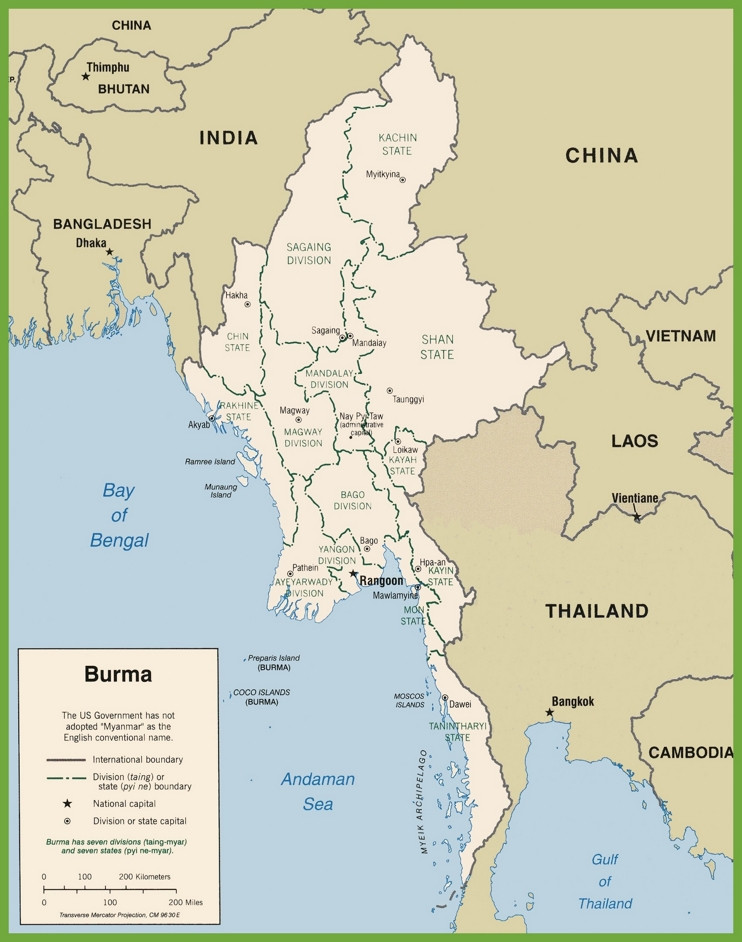 Politická mapa Mjanmarska - Rohingovia obývajú administratívne oblasti susediace s Bangladéšom.