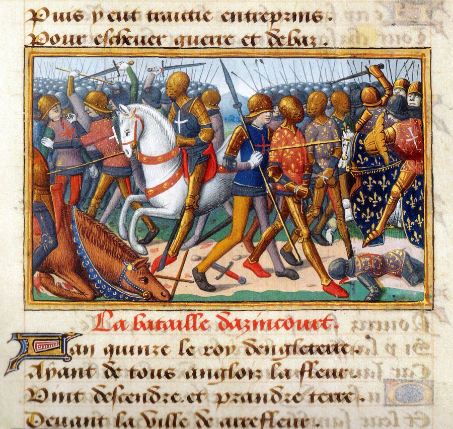 Bitke pri Azincourte sa venovali aj stredoveké kroniky. Táto ukážka je z francúzskej, z konca 15. storočia.