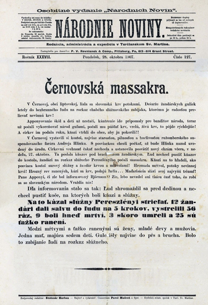 Svetozár Hurban-Vajanský informoval o černovskej tragédii na druhý deň v mimoriadnom vydaní Národných novín.