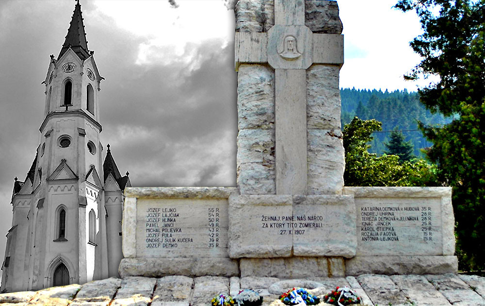 Pomník obetiam streľby v Černovej v roku 1907. Posvätenie kostola vtedy sprevádzal protest, pri ktorom žandári zabili 15 ľudí.
