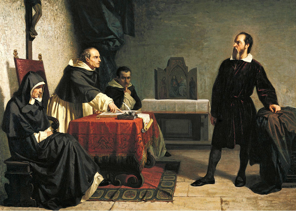 Galielo Galilei musel svoje učenie o tom, že Zem obieha okolo Slnka, pred inkvizičným súdom odvolať.