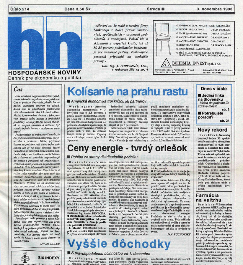 Prvá strana Hospodárskych novín z 3. novembra 1993.
