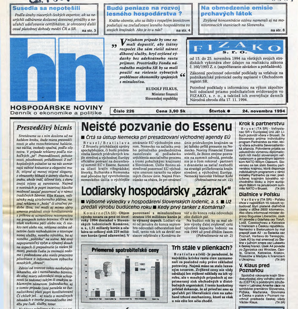 Hospodárske noviny z 24. novembra 1994