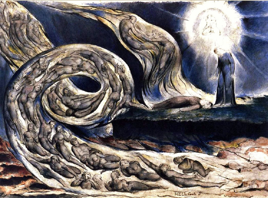 Peklo, ako ho na ilustrácií k Danteho Božskej komédii stvárnil William Blake.