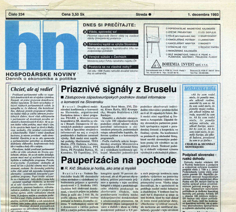Titulná strana Hospodárskych novín z 1. decembra 1993.