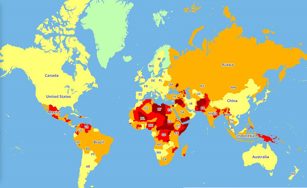 Označenie krajín z hľadiska bezpečnosti.
Najbezpečnejšie krajiny sú označené zelenou farbou, žltá označuje krajiny s nízkou mierou kriminality, oranžová strednú úroveň. Červená farba určuje výšku mieru nebezpečenstva a extrémne nebezpečenstvo na vás čaká v krajinách označených tmavo červenou farbou.