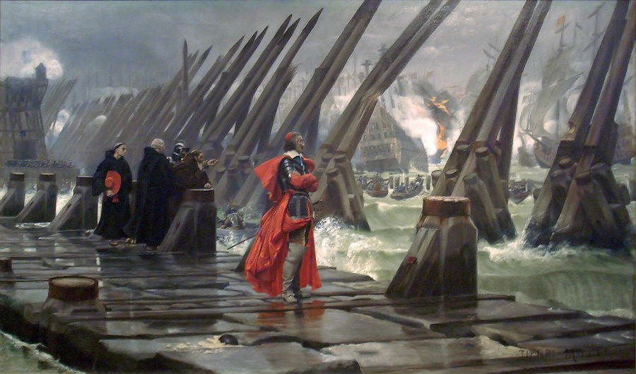 Kardinál Richelieu ako hrdina od La Rochelle na obraze Henriho-Paula Motta z roku 1881.
