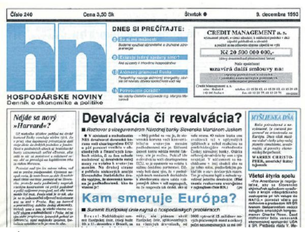 Titulná strana HN z 9. decembra 1993.