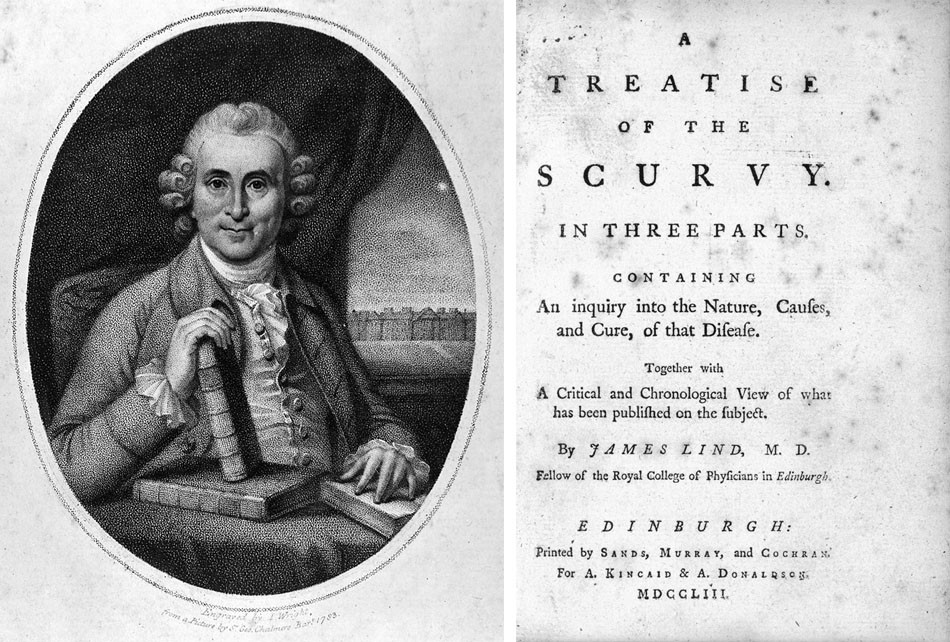 James Lind a prvá strana jeho diela Úvaha o skorbute, ktoré vyšlo v roku 1753.