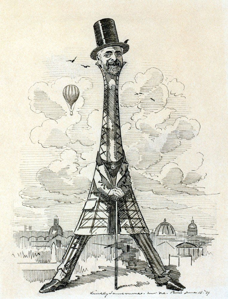 Dobová karikatúra Eiffelovej veže s jej konštruktérom.