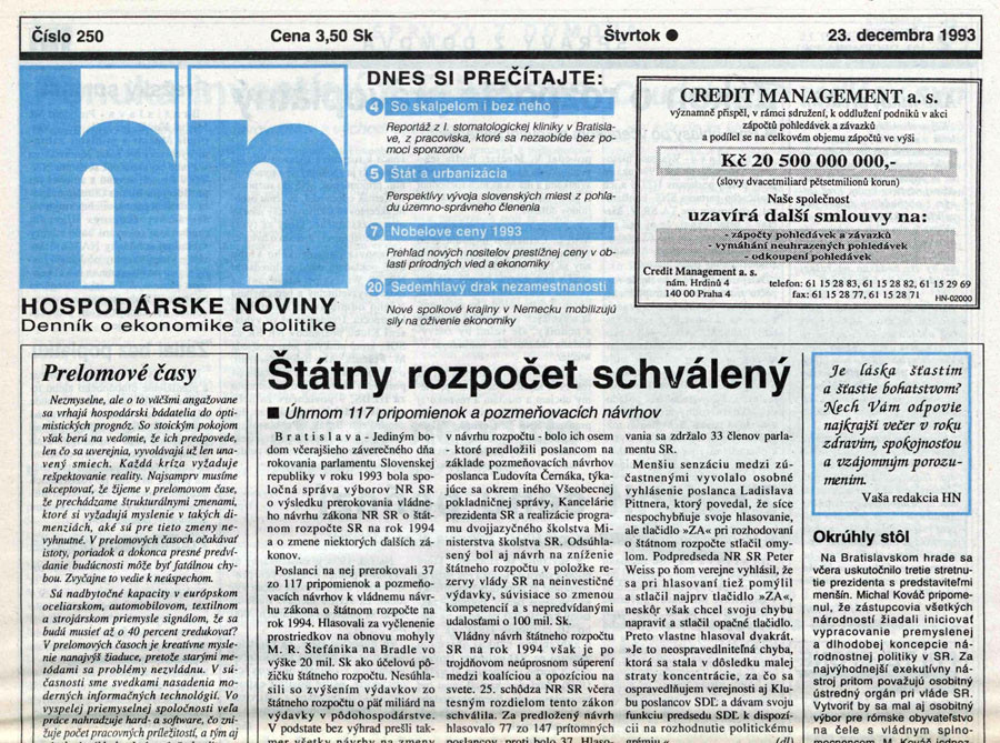 Titulná strana Hospodárskych novín z 23. decembra 1993.