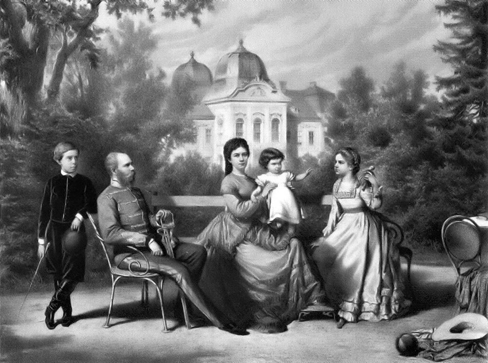 Cisár František Jozef I. s manželkou Alžbetou a deťmi Rudolfom, Máriou Valériou a Giselou.
