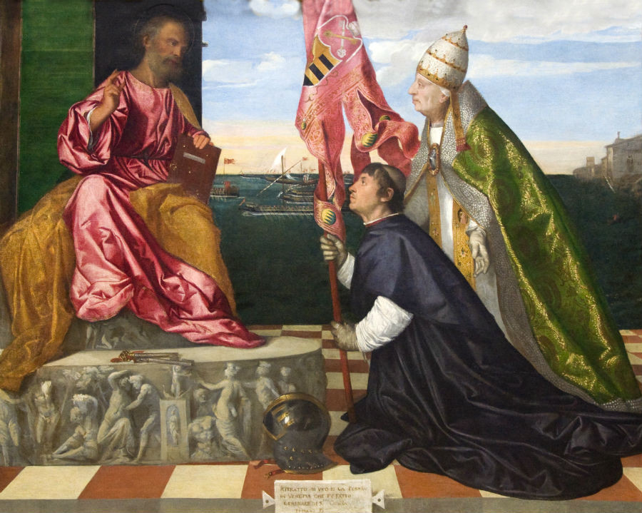 Pápež Alexander VI. pred svätým Petrom, na Tizianovom obraze.