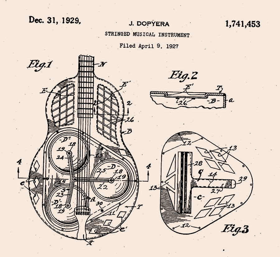 Dopyerov patent na prvú, celokovovú rezofonickú gitaru.