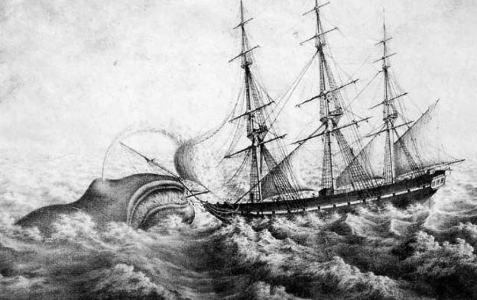 Dobová ilustrácia zachytávajúca potopenie lode Essex po útoku vorvaňa.