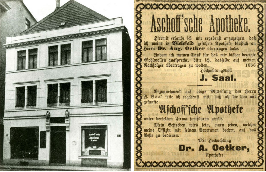 Lekáreň v Bielefelde, ktorú August Oetker kúpil od Josefa Saala na prelome rokov 1890 a 1891. Bývalý i nový majiteľ o tom uverejnili aj oznam v novinách.. 