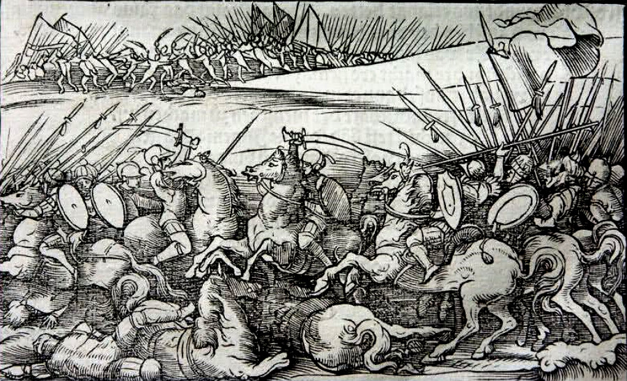 Výjav z bitky pri Pologu v roku 1453, v ktorej Skanderbegovi bojovníci porazili osmanské vojsko. (rytina zo 16. storočia)