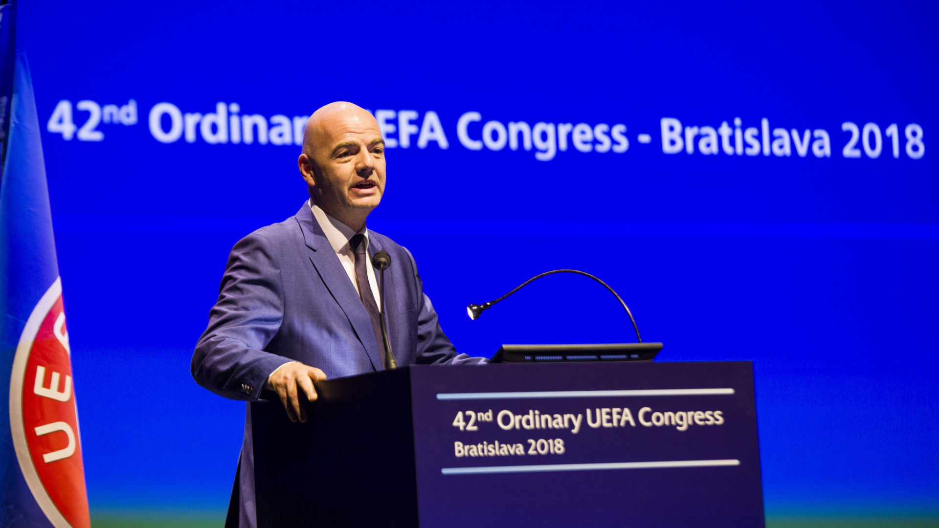 Na snímke prezident Medzinárodnej futbalovej federácie (FIFA) Gianni Infantino počas úvodného príhovoru na 42. riadnom Kongrese UEFA v priestoroch Incheba Expo Aréna