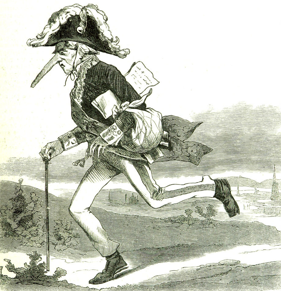 Dobová revolučná karikatúra zobrazujúca Klemensa Metternicha. Nepopulárny kancelár ušiel po vypuknutí povstania do Anglicka.
