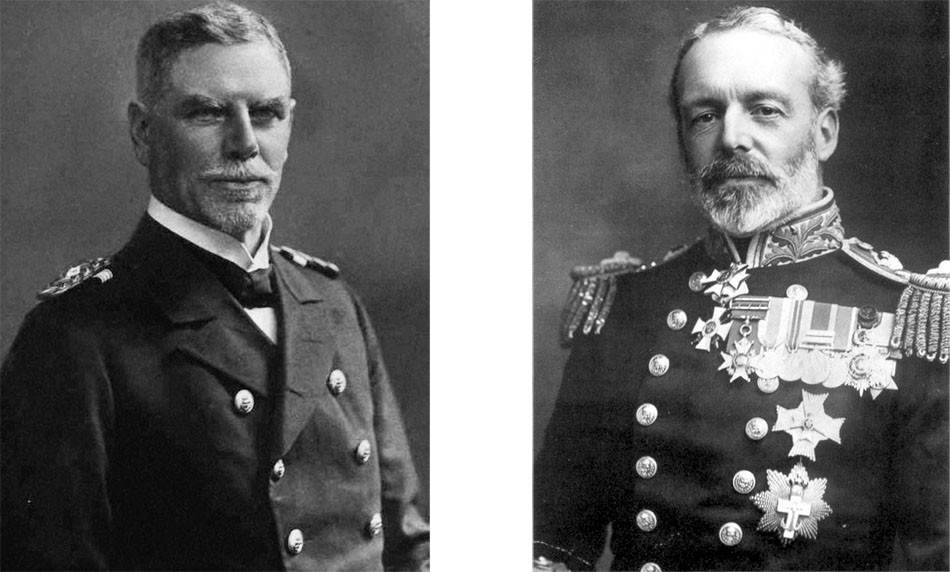 V bitke pri Coroneli sa stretli lode nemeckého viceadmirála Maximiliana von Spee (na snímke vľavo) s britskými silami kontradmirála Christophera Craddocka (vpravo).