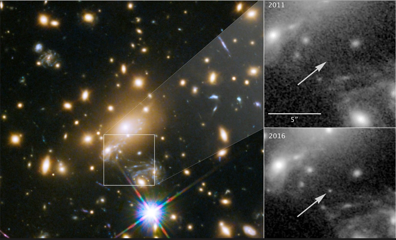 Oficiálne označovaný ako MACS J1149 + 2223 Lensed Star 1. Na zloženom obrázku je pohľad z roku 2011, keď nebol Icarus ešte viditeľný, v porovnaní so záberom z roku 2016.