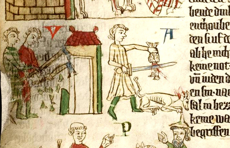 Poprava odsúdených domácich zvierat, ktoré nezabránili znásilneniu ženy. Ilustrácia je zo Saského zrkadla, súboru zápiskov saského práva a zvykového práva z 13. storočia.