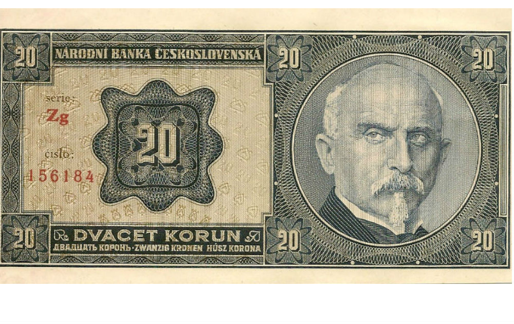 Československá dvadsaťkorunáčka z roku 1926 s portrétom prvého ministra financií Aloisa Rašína.