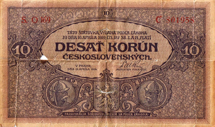 Desaťkorunová československá štátovka z roku 1919.