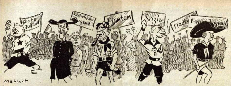 Oficiálne sa mohli mladí muži v nacistickom Nemecku organizovať iba v rámci Hitlerjugend. Toto mala byť podľa nich minulosť. (dobová karikatúra z časopisu Hitklerjugendu)