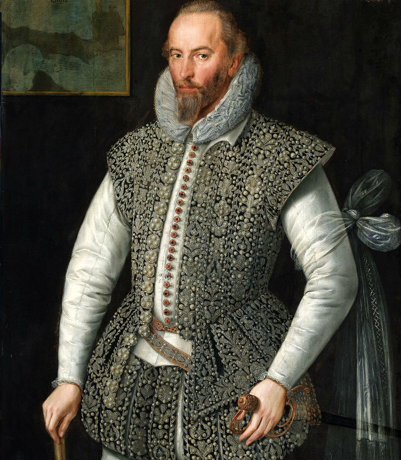 Walter Raleigh na portréte Williama Segara z roku 1598.