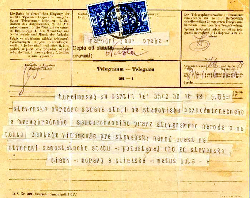 Telegram predsedu SNR Matúša Dulu, ktorým Národnému výboru česko-slovenskému v Prahe oznamoval prijatie deklarácie.