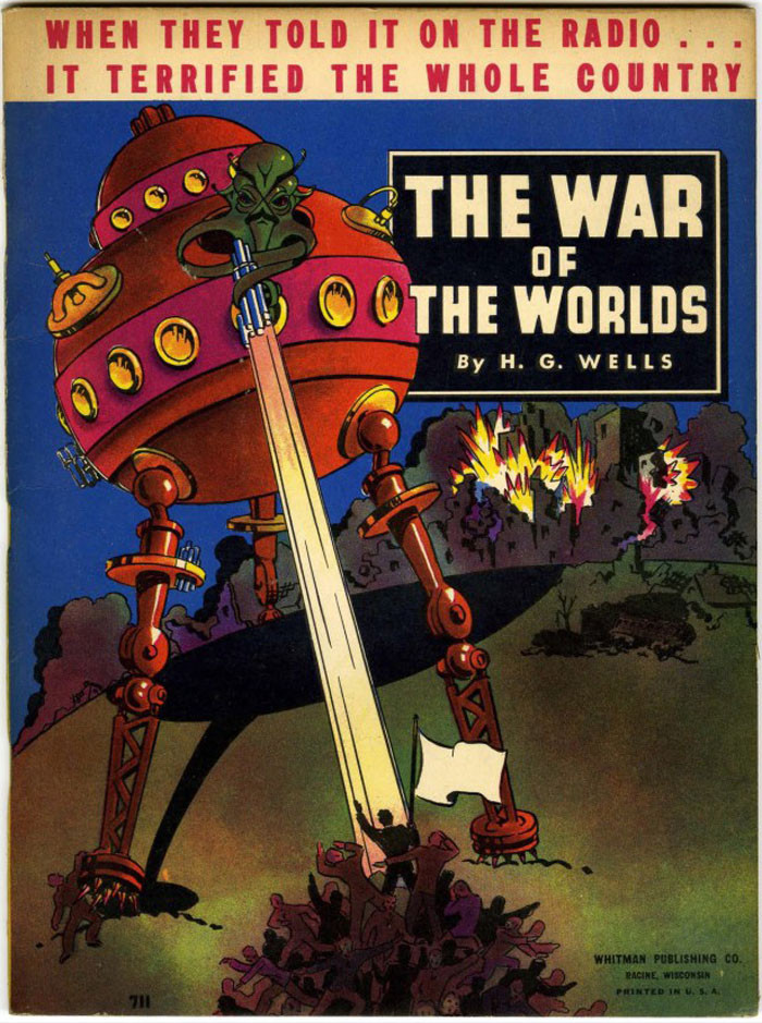 Obálka jedného z vydaní sci-fi románu H.G.Wellsa Vojna svetov. Podobne v októbri 1938 vnímali inváziu Marťanov americkí rozhlasoví poslucháči.