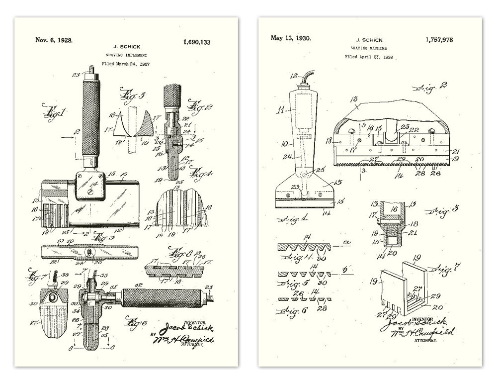 Patentové listiny Jacoba Schicka. Vľavo je holiaci strojček, ktorý si dal patentovať v novembri 1928, vpravo už zdokonalený elektrický z mája 1930.