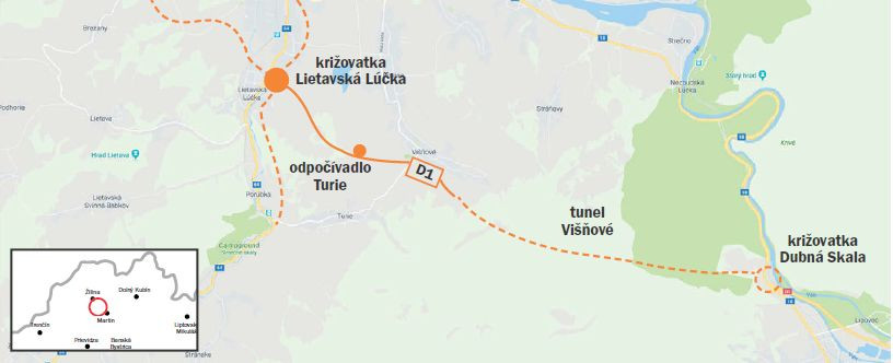 Úsek s problémami je znázornený od križovatky Lietavská Lúčka po Dubnú Skalu (vrátane tunela Višňového).