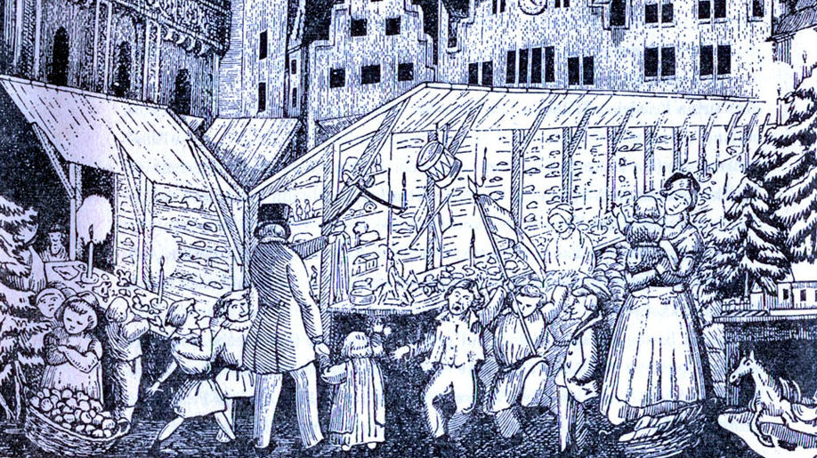 Vianočné trhy vo Frankfurte nad Mohanom v roku 1851 na dobovej kresbe Heinricha Hoffmanna.