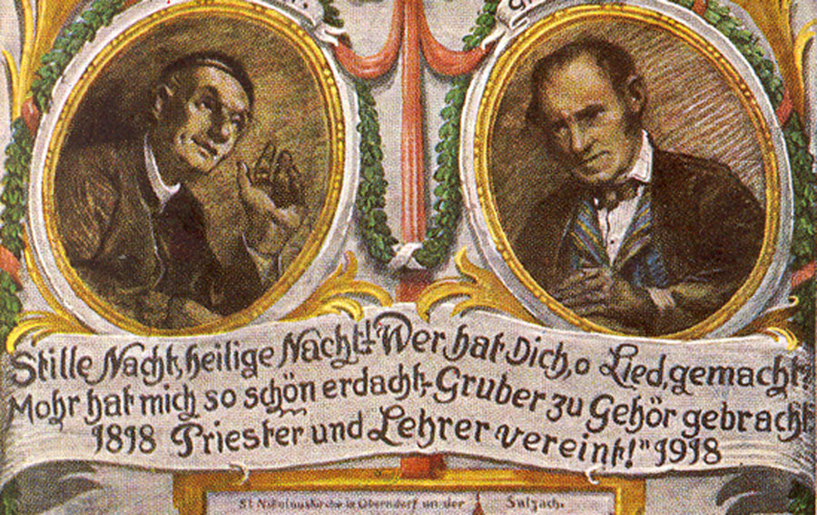 Mohr a Gruber na pamätnej pohľadnici, ktorá vyšla k 100. výročiu piesne Tichá noc.