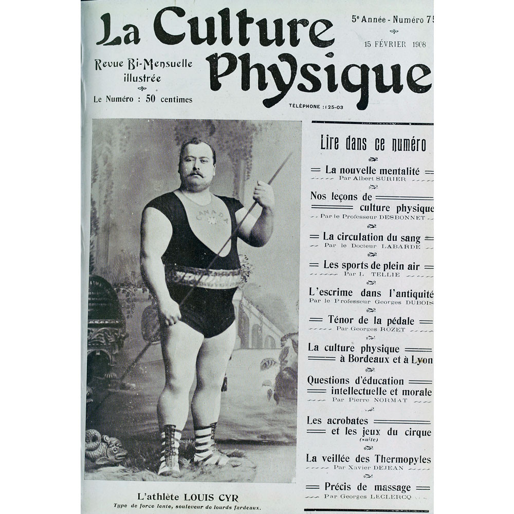 Louis Cyr na obálke magazínu La Culture Physique z roku 1908.