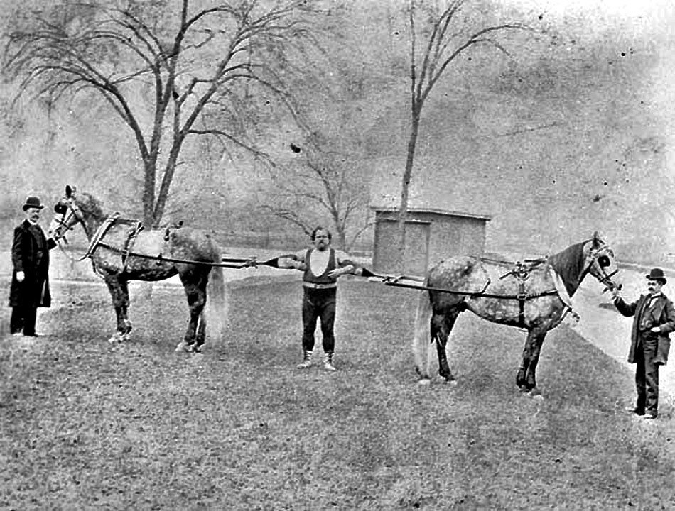 Snímka z roku 1891. Louis Cyr početnému publiku predviedol, ako dokáže udržať kone.