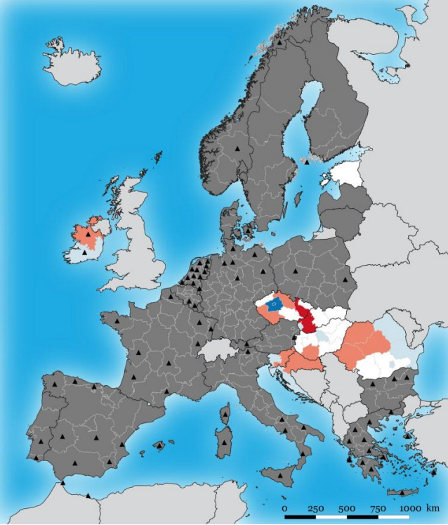 Vplyvy brexitu na európske regióny vzhľadom k elektrotechnickému priemyslu. Najtmavšie tóny červenej znamenajú najväčšie ohrozenie, modré naopak.