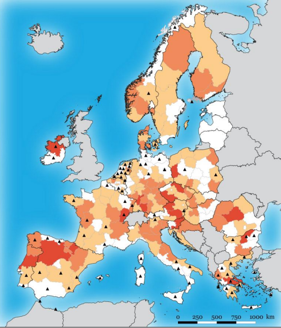 Brexitom najohrozenejšie regióny v kombinácii všetkých šiestich sledovaných odvetví. Najtmavšie tóny červenej znamenajú najväčšie ohrozenie, modré naopak.