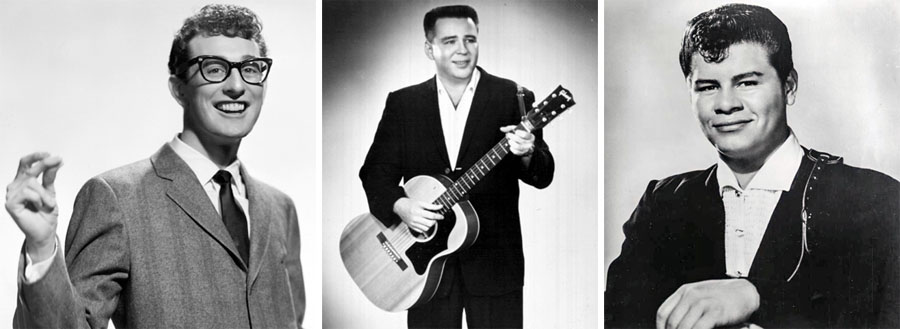 Rokenrolové hviezdy (zľava) Buddy Holly, J.P.Richardson a Ritchie Valens zahynuli pri leteckom nešťastí 3. februára 1959.