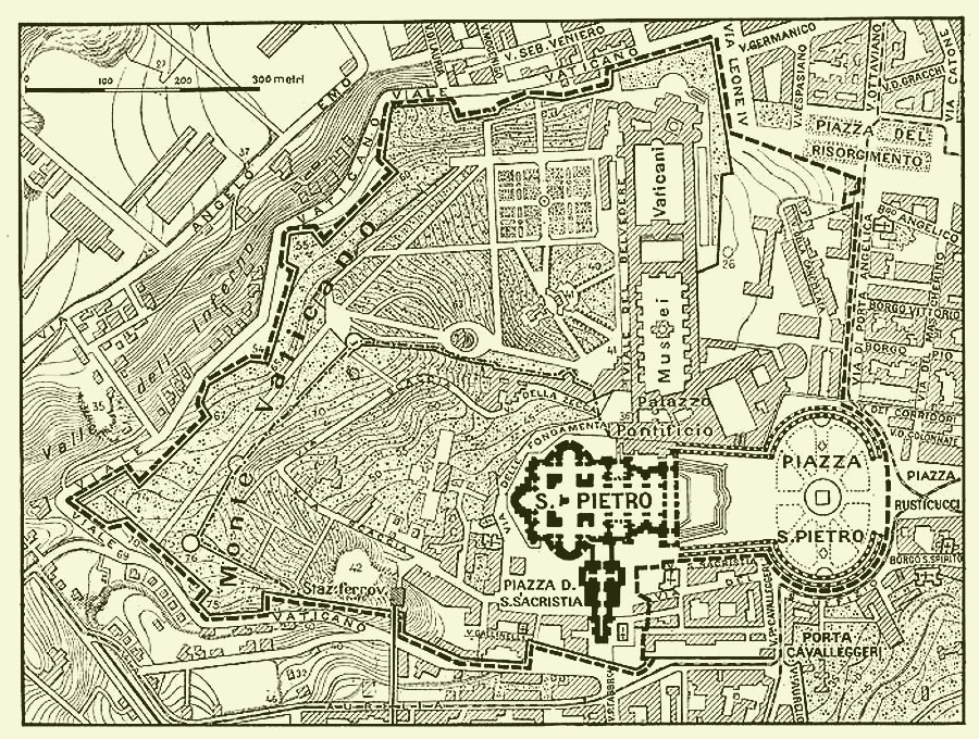 Vatikánsky mestský štát na mapke z roku 1929.