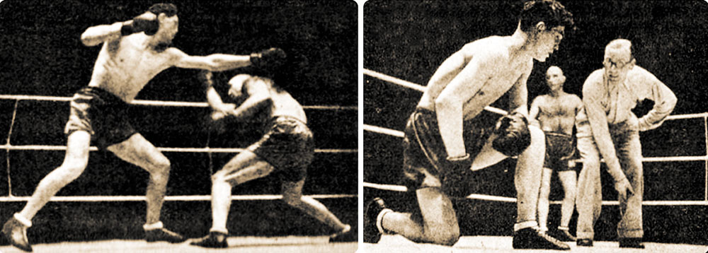 Boj o majstra sveta. Vilém Jakš (vľavo) v ringu s Francúzom Marcelom Thilom.