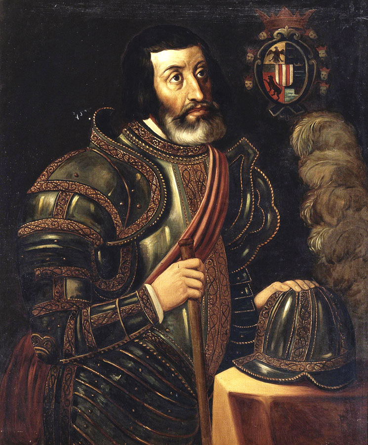 Portrét Hernán Cortésa, ktorý v roku 1879 namaľoval mexický maliar José Salomé Pina.