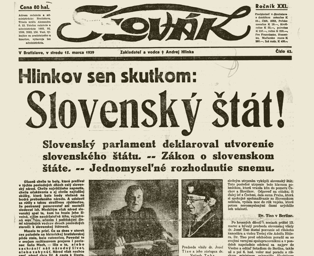Vydanie ľudáckeho denníka Slovák z 15. marca 1939.