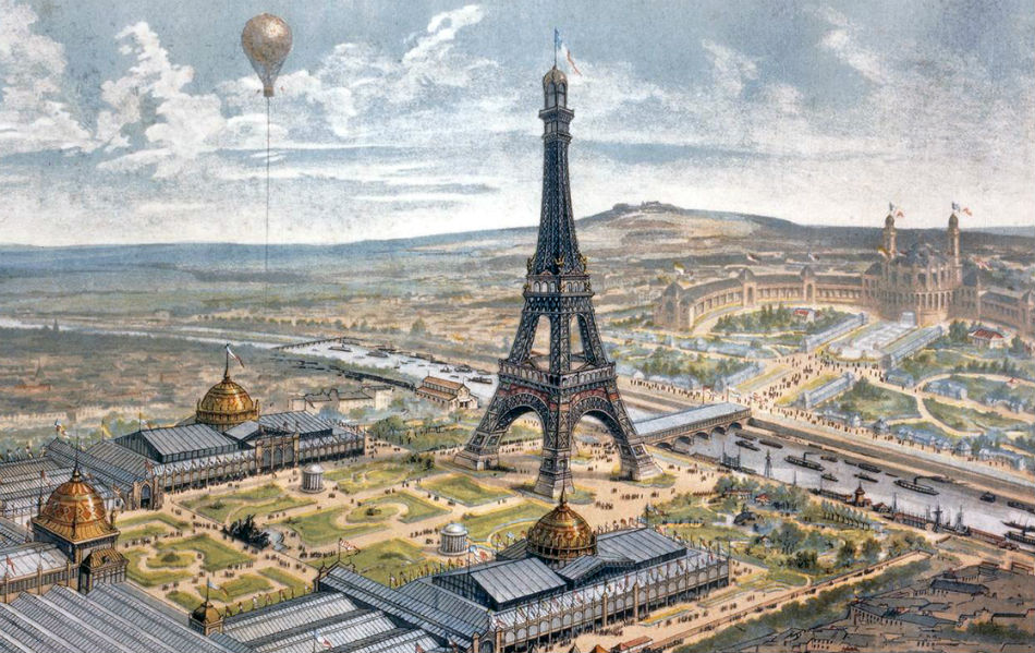 Areál Svetovej výstavy 1889 v Paríži so svojou dominantou Eiffelovou vežou.